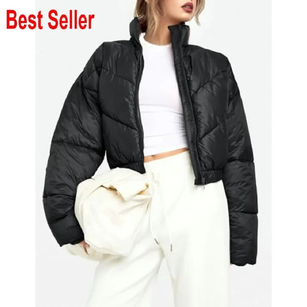 Cropped Puffer Jacket Quilted Lightweight Winter Warm Zip Up Stand Collar
